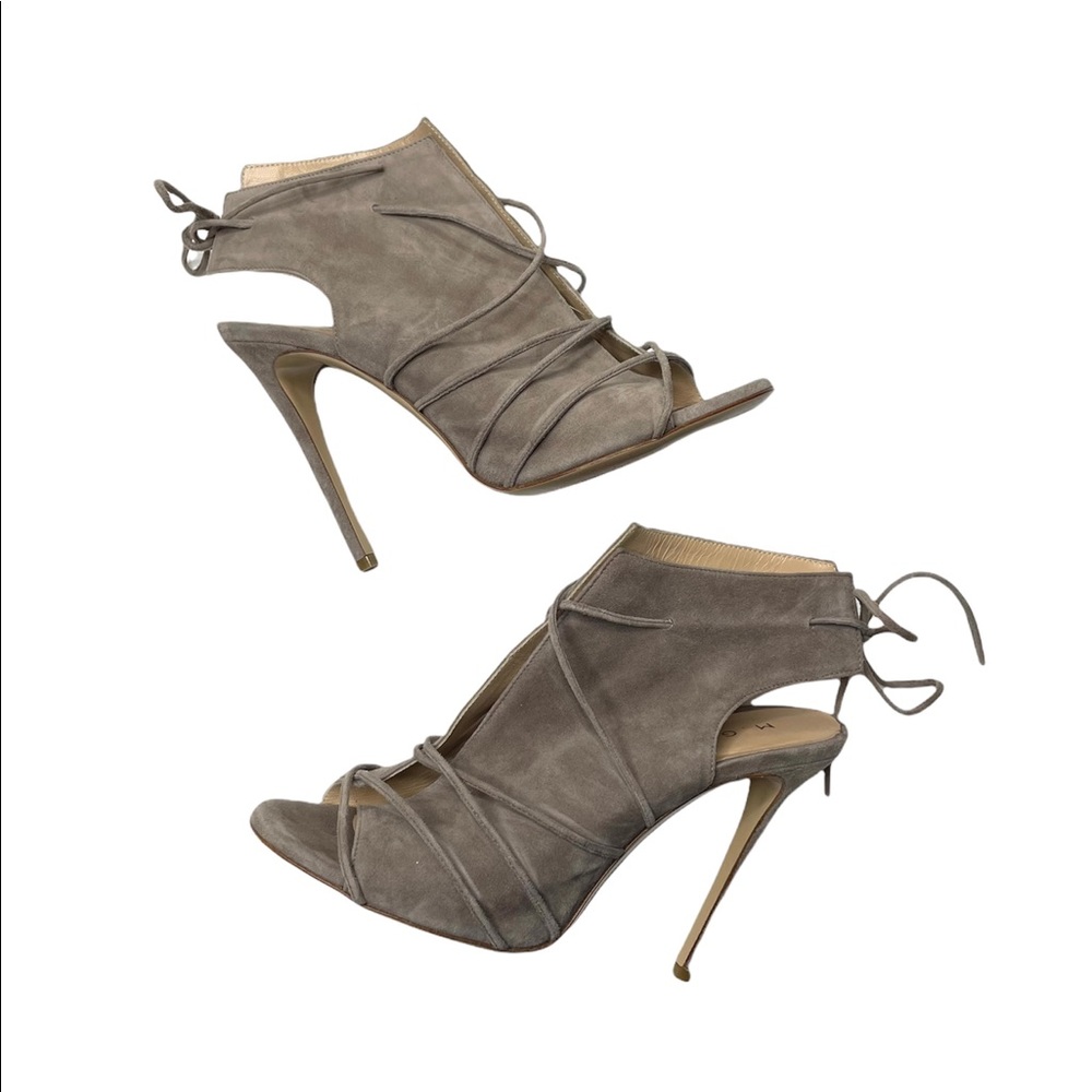 M. Gemi | Taupe Suede Lace Up Peep Toe Pumps 38